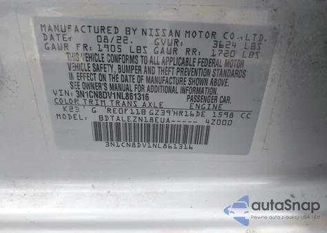 2022 Nissan Versa 1.6 S Xtronic Cvt z USA, uszkodzony, nr VIN 3N1CN8DV1NL861316